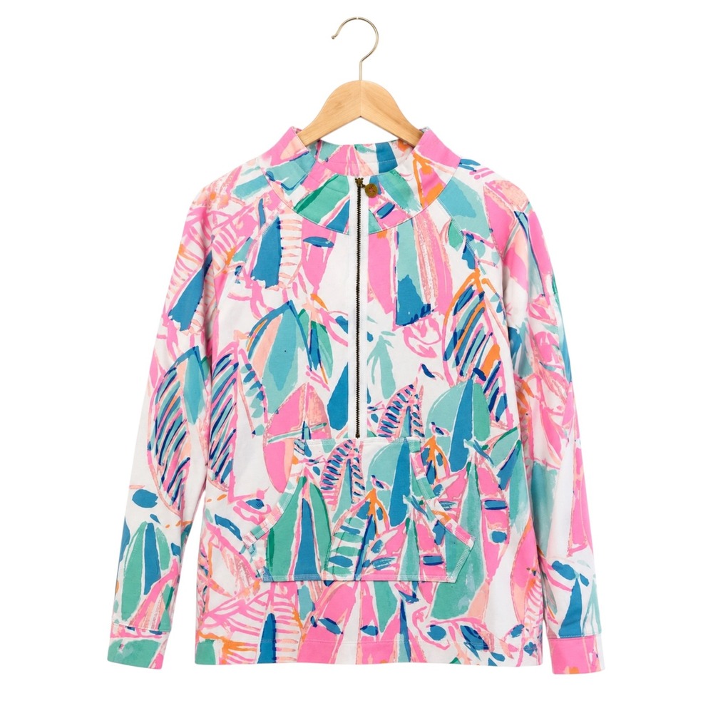Lilly Pulitzer Skipper Popover XS Sailboat Print Half Zip Sweatshirt Pink Blue
